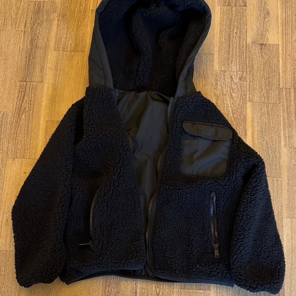Zara Kids Reversible Black Fleece Nylon Zip Up Jacket with Hood 5-6